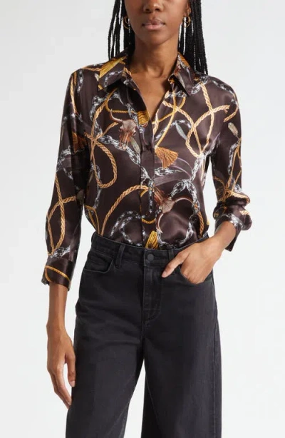 L'agence Dani Western Chain Print Silk Button-up Shirt In Brown