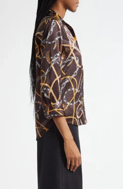 L'agence Dani Western Chain Print Silk Button-up Shirt In Brown