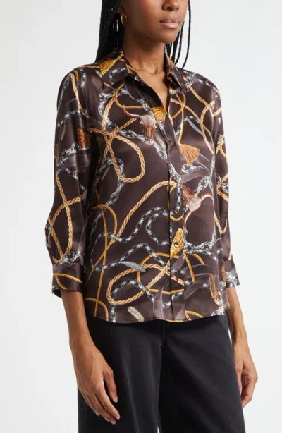 L'agence Dani Western Chain Print Silk Button-up Shirt In Brown