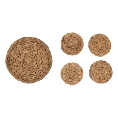Storied Home Hand-woven Water Hyacinth Trivet And 4" Round Coasters, Set Of 5 In Brown