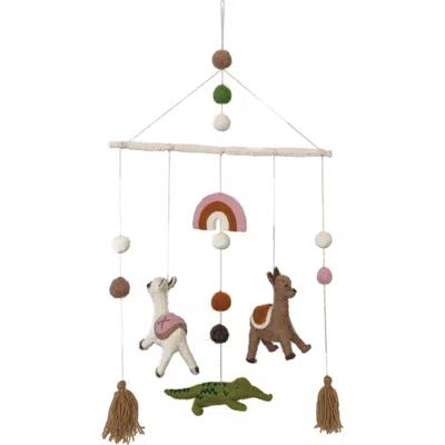Storied Home Wool Felt Mobile With Llamas, Alligator And Tassels In White