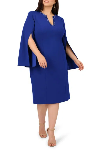 Adrianna Papell Jewel Cape Sleeve Crepe Sheath Dress In Blue
