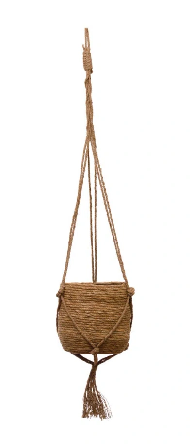 Storied Home Round Hanging Straw Planter With Long Jute Rope And Tassel In Brown