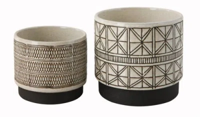 Storied Home Various Round Decorative Stoneware Planters With Geometric Lines, Set Of 2 In Gray
