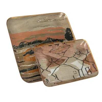 Storied Home Landscape And Abstract Enameled Metal Trays, Set Of 2 In Orange