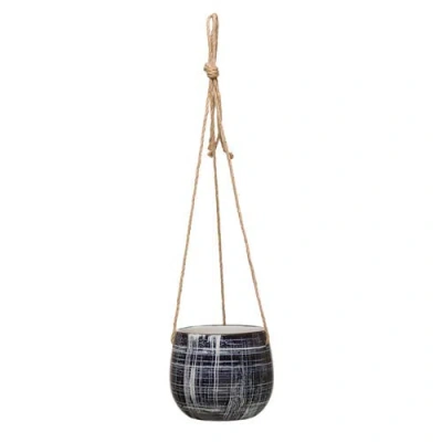 Storied Home Round Hanging Stoneware Planter With Line Patterns And Jute Rope In Blue