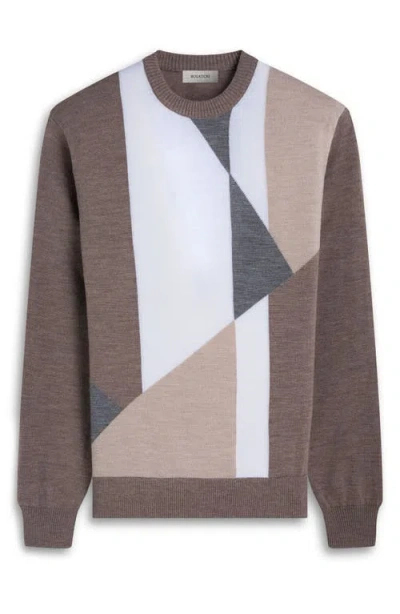 Bugatchi Geometric Pattern Merino Wool Crewneck Sweater In Brown