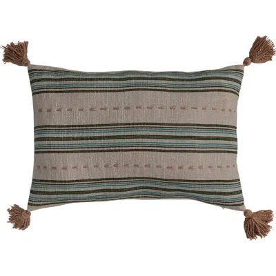 Storied Home 20 Inches Cotton Slub Printed Lumbar Pillow With Hand-embroidered Stripes And Tassels In Multi