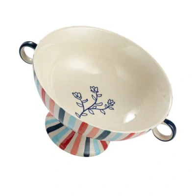 Storied Home Hand-painted Stoneware Footed Bowl With Handles And Stripes In White