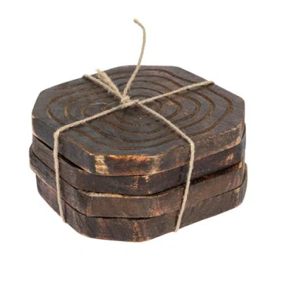 Storied Home 4 Inches Round Hand-carved Mango Wood Coasters With Distressed Finish, Set Of 4 In Brown