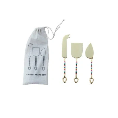 Storied Home Stripe Stainless Steel Cheese Server Set On A Drawstring Bag, Set Of 3 In Multi