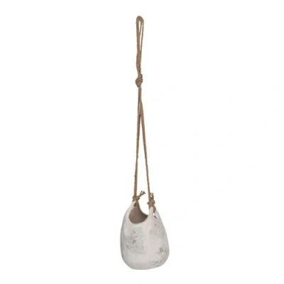 Storied Home Hanging Stoneware Planter With Jute Rope Hanger And Distressed Volcano Finish In White