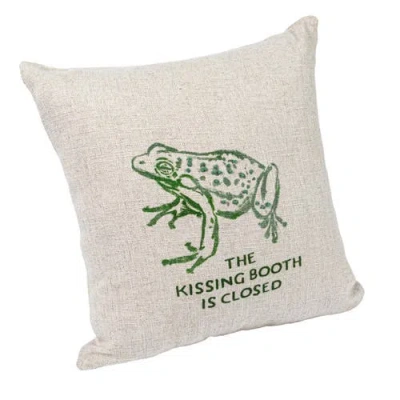 Storied Home 16" Square Linen Blend Printed Pillow With Frog And "the Kissing Booth Is Closed" Text  In Green