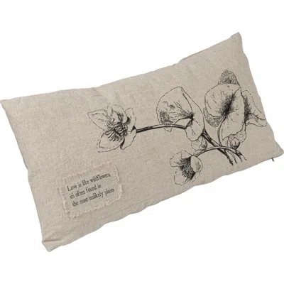 Storied Home 24 Inches Linen Blend Printed Lumbar Pillow With Saying Text, Flowers, And Bird Designs In Brown