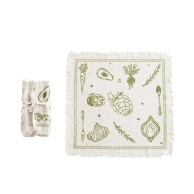 Storied Home Cotton And Linen Napkins With Fringe Design, Green, Set Of 4 In Green