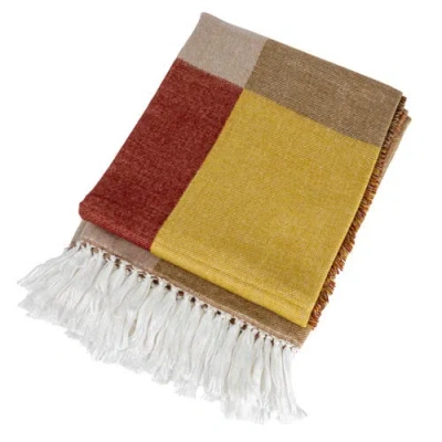 Storied Home Cotton Blend Throw Blanket With Block Print And Fringe In Multi