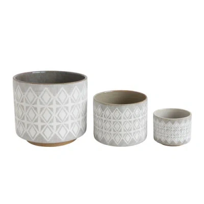 Storied Home Various Round Stoneware Planters With Geometric Patterns, Set Of 3 In Gray