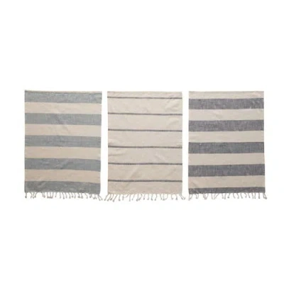 Storied Home Soft Cotton Tea Towels With Stripes And Tassels, Set Of 3 In Multi