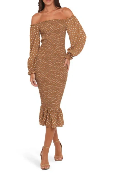Petal And Pup Petal & Pup Sara Smocked Off The Shoulder Long Sleeve Body-con Midi Dress In Brown