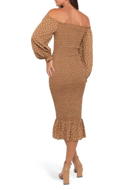 Petal And Pup Petal & Pup Sara Smocked Off The Shoulder Long Sleeve Body-con Midi Dress In Brown