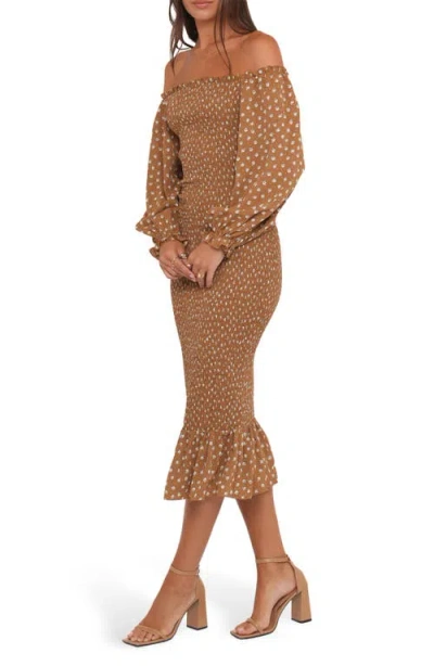 Petal And Pup Petal & Pup Sara Smocked Off The Shoulder Long Sleeve Body-con Midi Dress In Brown