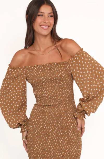 Petal And Pup Petal & Pup Sara Smocked Off The Shoulder Long Sleeve Body-con Midi Dress In Brown