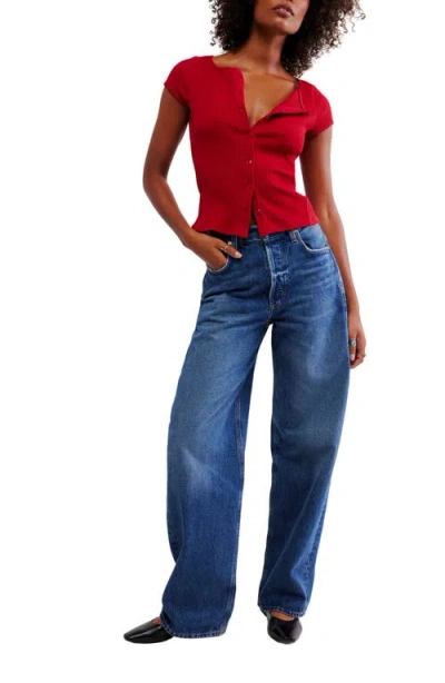 Free People Most Wanted Short Sleeve Cotton Blend Cardigan In Red