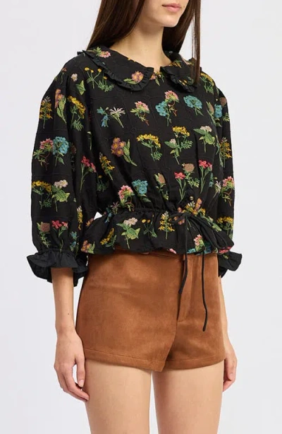 Jacquie The Label Lia Embroidered Ruffle Peplum Button-up Shirt In Multi