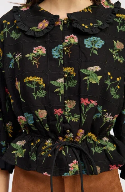 Jacquie The Label Lia Embroidered Ruffle Peplum Button-up Shirt In Multi