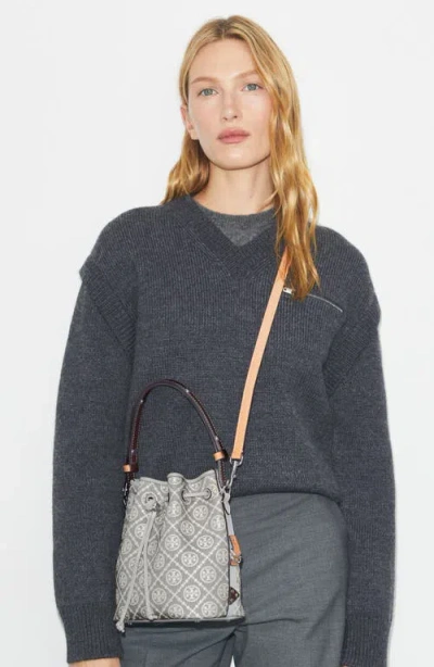 Tory Burch Mini T Monogram Jacquard Utility Bucket Bag In Gray
