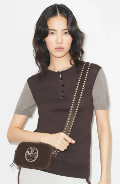 Tory Burch Mini Miller Logo-studded Suede Crossbody Bag In Brown