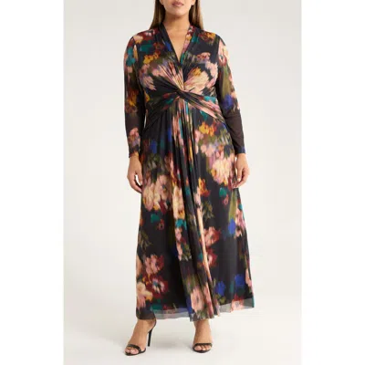 Anne Klein Plus Size Long-sleeve Twist-front Mesh Maxi Dress In Multi