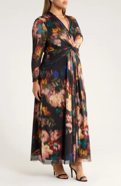 Anne Klein Plus Size Long-sleeve Twist-front Mesh Maxi Dress In Multi