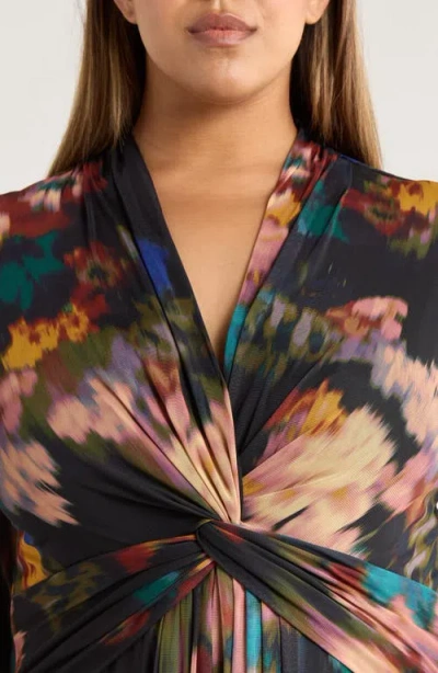 Anne Klein Plus Size Long-sleeve Twist-front Mesh Maxi Dress In Multi