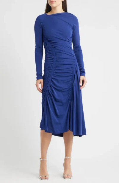 Hugo Boss Boss Ruched Long Sleeve Dress In Blue