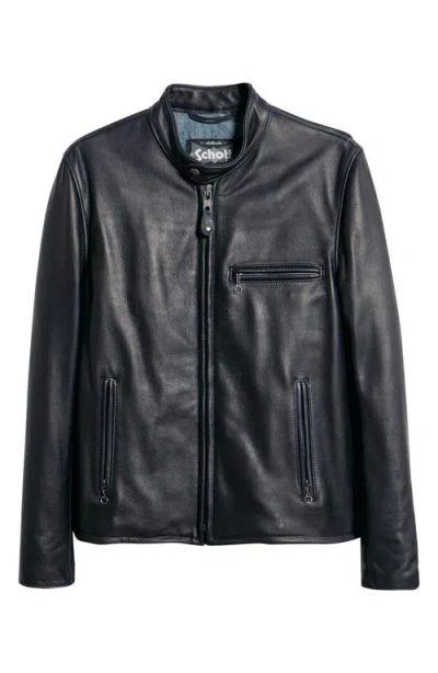 Schott Nyc Café Racer Oil Tanned Leather Moto Jacket In Blue