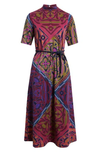 Anne Klein Womens Mock Neck Short Sleeve Midi Dress P S Xl In Multi