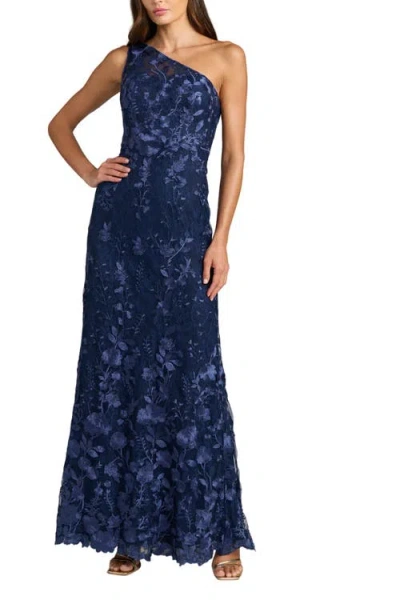 Mac Duggal One Shoulder Lace Embroidered Gown In Blue