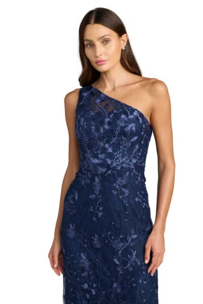Mac Duggal One Shoulder Lace Embroidered Gown In Blue