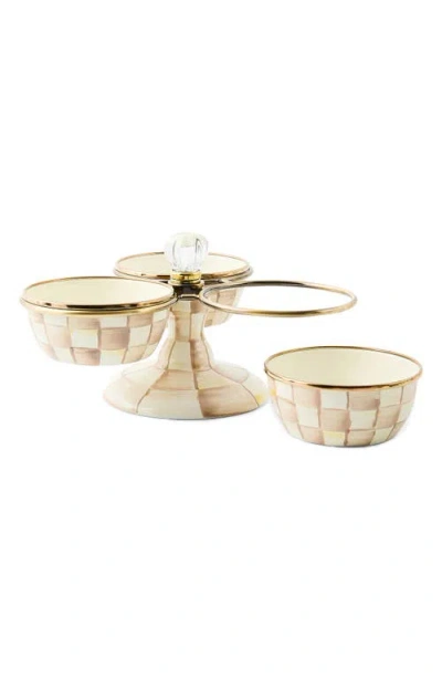 Mackenzie-childs Mackenzie Childs Mocha Check Enameled Steel Triplicity Bowls & Stand Set In Brown