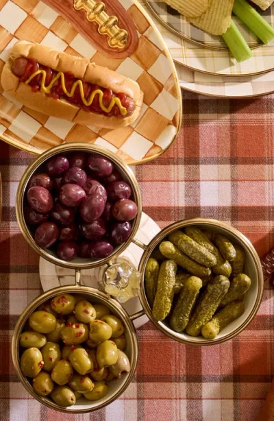 Mackenzie-childs Mackenzie Childs Mocha Check Enameled Steel Triplicity Bowls & Stand Set In Brown