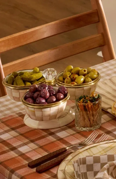 Mackenzie-childs Mackenzie Childs Mocha Check Enameled Steel Triplicity Bowls & Stand Set In Brown