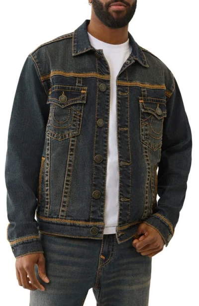 True Religion Super Flatlock Denim Trucker Jacket In Black