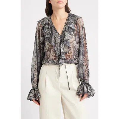 Kobi Halperin Locke Paisley Ruffle Semisheer Chiffon Top In Gold