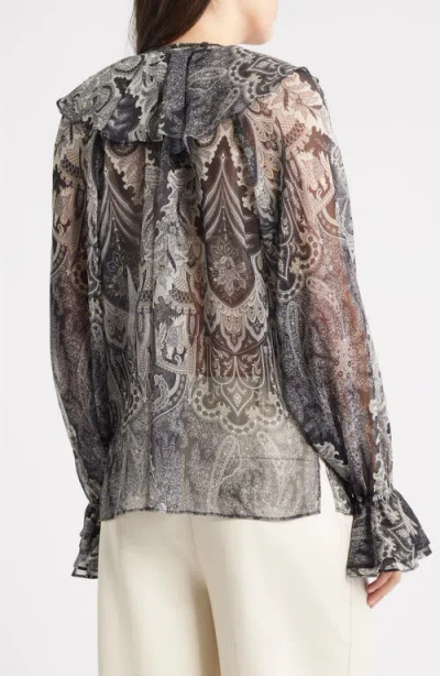 Kobi Halperin Locke Paisley Ruffle Semisheer Chiffon Top In Gold