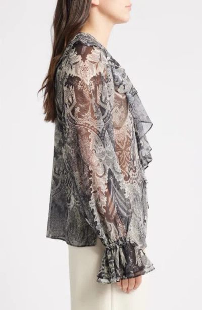 Kobi Halperin Locke Paisley Ruffle Semisheer Chiffon Top In Gold