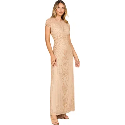 Lara New York Beaded Cap Sleeve Illusion Plunge Gown In Multi