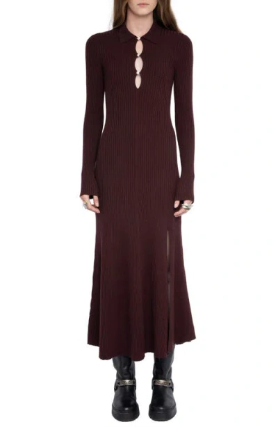 Zadig & Voltaire Lysasa Crystal Button Long Sleeve Merino Wool Blend Sweater Dress In Burgundy