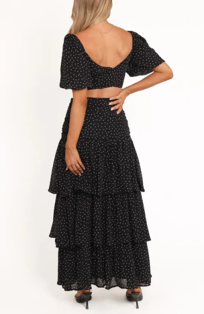 Petal And Pup Petal & Pup Selina Polka Dot Crop Top & Tiered Maxi Skirt Set In Black