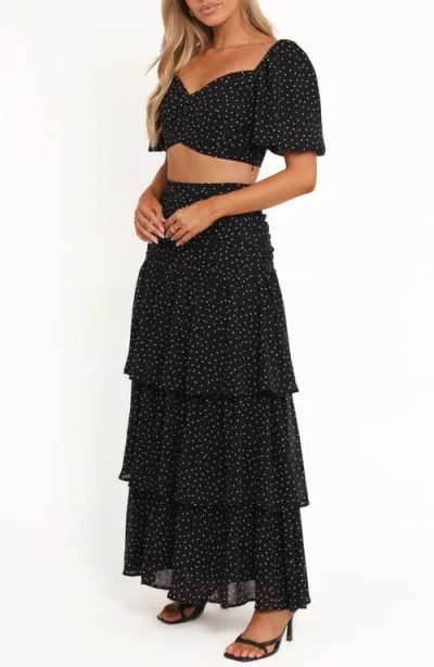 Petal And Pup Petal & Pup Selina Polka Dot Crop Top & Tiered Maxi Skirt Set In Black